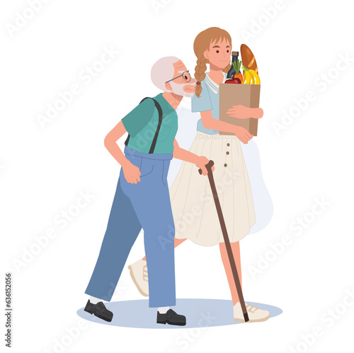 respect for pensioners concpet. Smiling Young Woman Helps Senior Grandfather Carry Grocery Bag. Smiling caring girl assist senior grandpa.