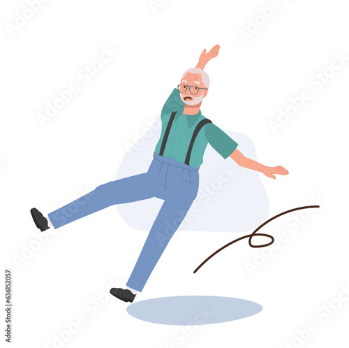 Elderly man Stumbling, A senior grandfather slips outdoors. accidental slip. Flat vector cartoon illustration
