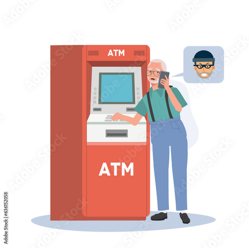 Deceptive Money Transfer concept. A scammer is tricks an elderly man into transferring money at ATM machine.