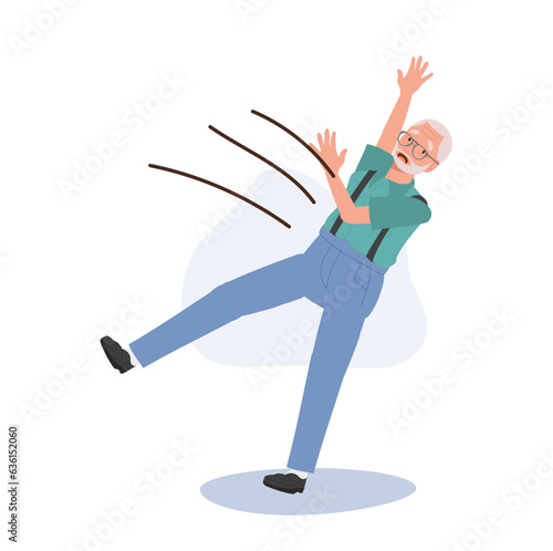 Elderly man Stumbling, A senior grandfather slips outdoors. accidental slip. Flat vector cartoon illustration