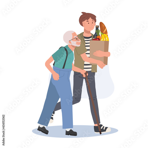 respect for pensioners concpet. Smiling Young man Helps Senior Grandfather Carry Grocery Bag. Smiling caring man assist senior grandpa.