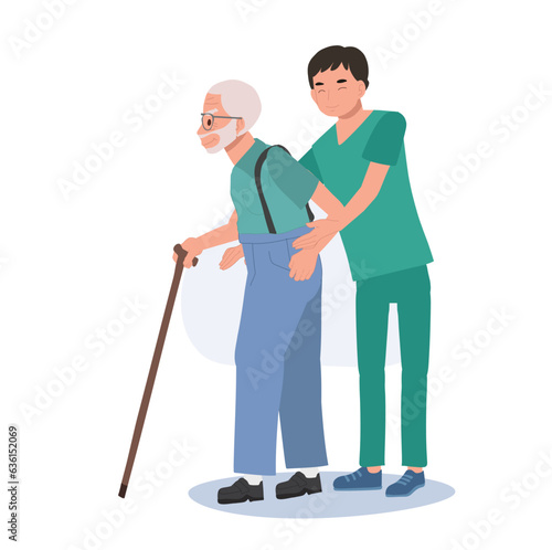 Healthcare Concept. Elderly Grandfather Walking Assistance by Happy Male Nurse in Uniform. Flat vector cartoon illustration