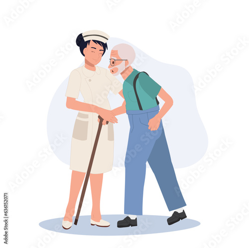 Healthcare Concept. Elderly Grandfather Walking Assistance by Happy female Nurse in Uniform.