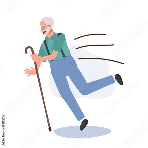 Elderly man Stumbling, A senior grandfather slips outdoors. accidental slip. Flat vector cartoon illustration