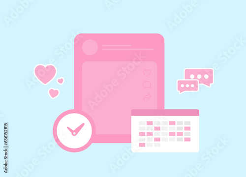 Social Media Scheduling Tools concept. Influencer marketing tool for automatic posting and analytics. Vector isolated illustration on blue background with icons