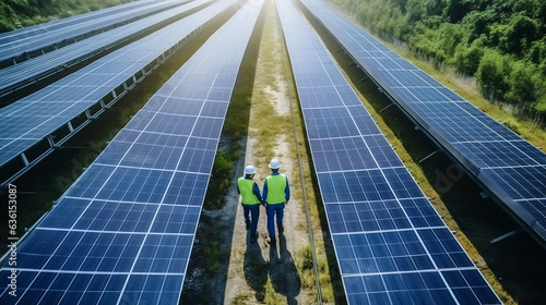 Aerial view over two technician walking for inspecting operation efficiency of solar panel energy production field solar farm in countryside area with sunset. Made with generative AI	