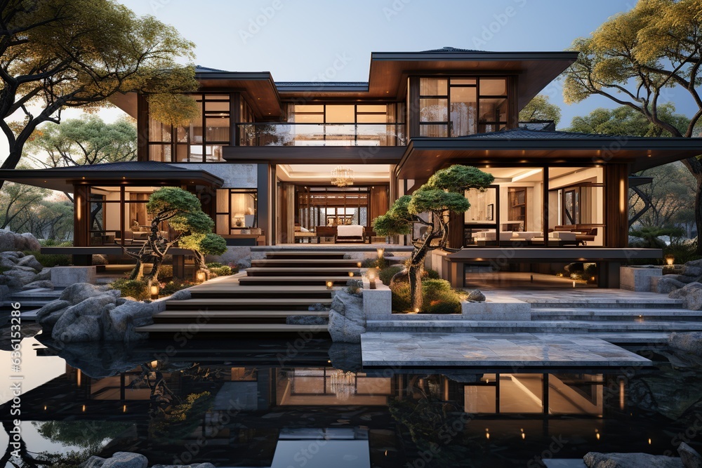Design a modern Chinese-style home that blends traditional elements like wooden lattice screens. Generated with AI Design a modern Chinese-style home that blends traditional elements like wooden lattice screens. Generated with AI