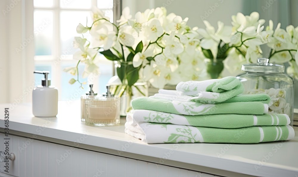 Photo of a neat stack of green towels on a counter