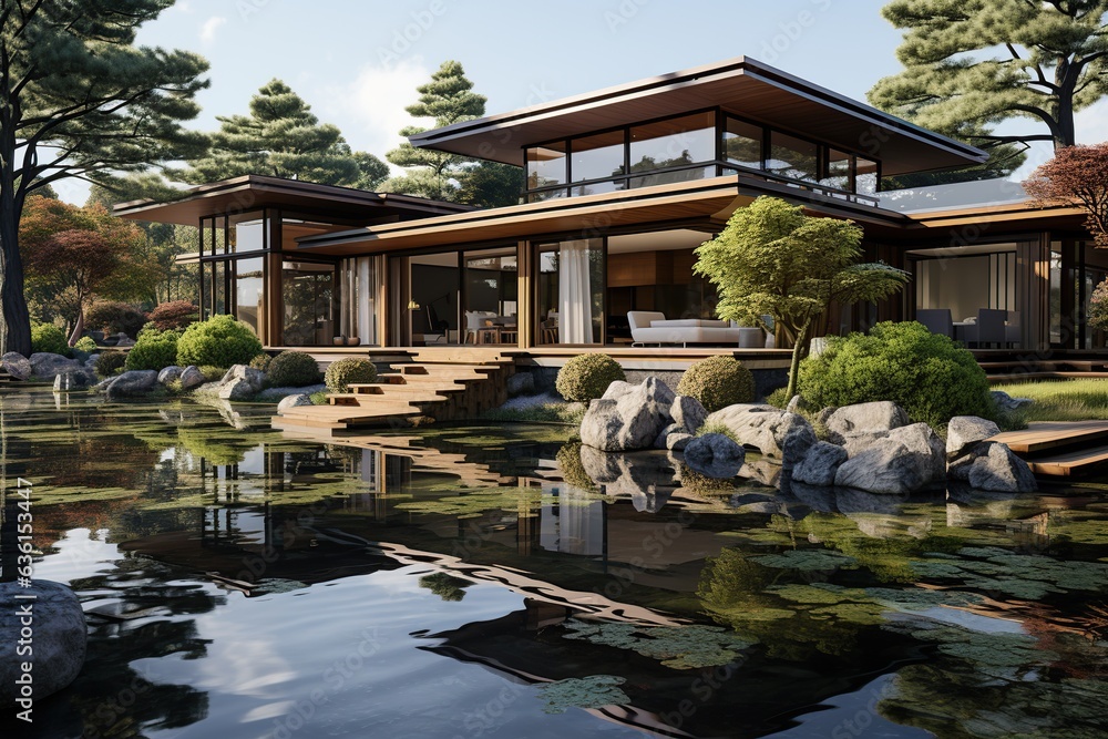 Design a modern Japanese-style home with clean lines, traditional materials like wood .Generated with AI