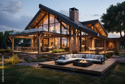 modern American ranch-style home, emphasizing single-story living, an open layout, and large windows that seamlessly connect the indoors with outdoor spaces.Generated with AI