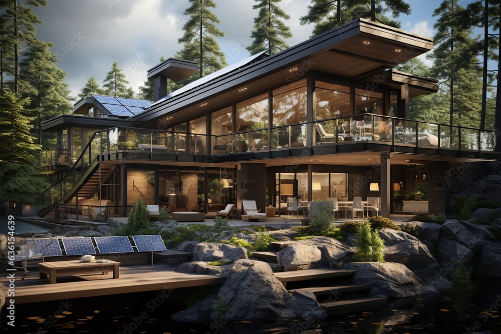 Nordic-inspired eco-friendly house, showcasing sustainable architecture, triple-glazed windows