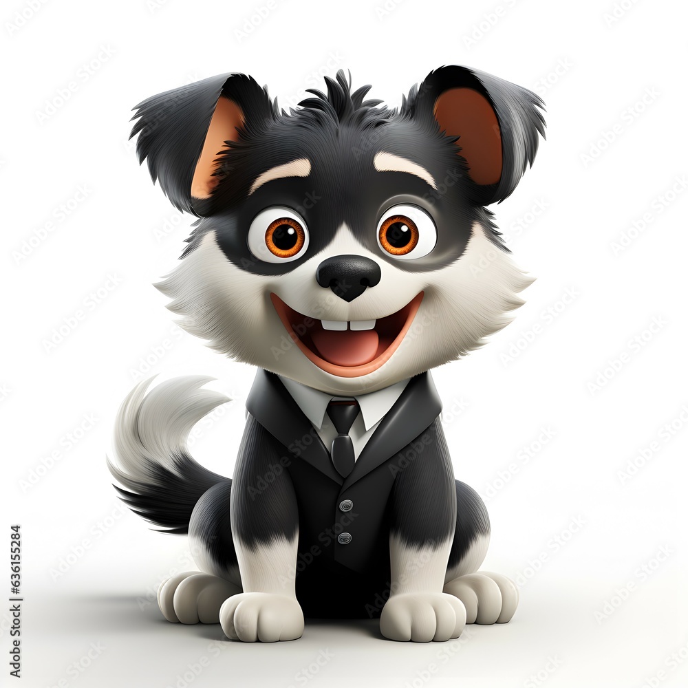 Full body 3d character of a cute puppy wearing a black suit on a white background Full body 3d character of a cute puppy wearing a black suit on a white background