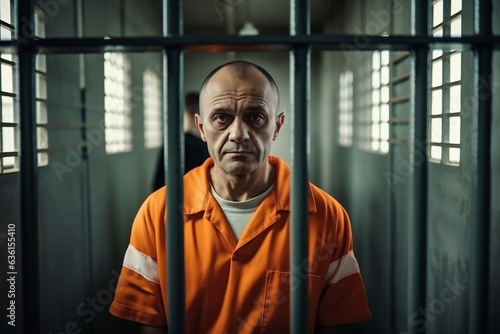 A man in prison holding bars with his hands looking distressed.