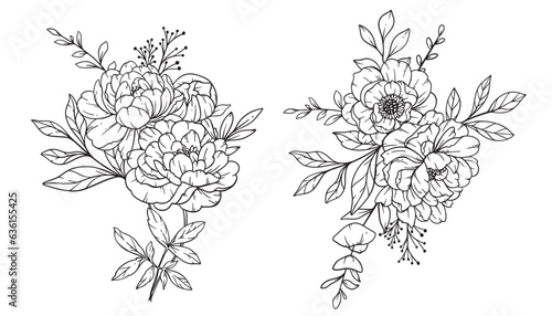 Peony  Line Art, Fine Line Peony Bouquets Hand Drawn Illustration. Coloring Page with Peony Flowers. 