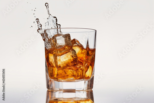 Glass of whiskey with ice with splashes. White background. Splashes and drops of whiskey fly from the glass in different directions.
