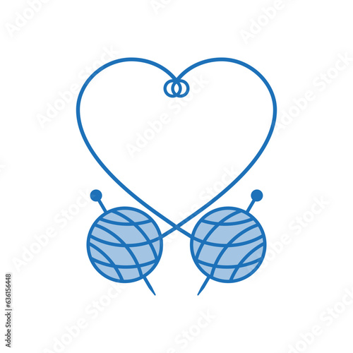 Balls of yarn with knitting needles and a long tangled thread in the shape of a heart and a loop.