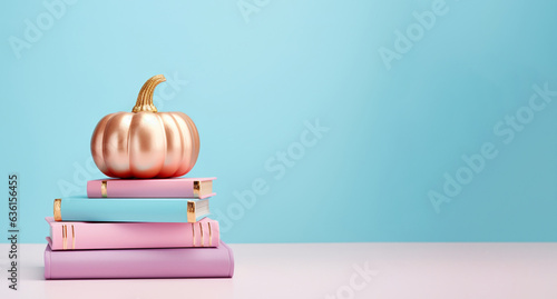Wallpaper Mural Golden pumpkin with books on a blue background, banner 1 Torontodigital.ca