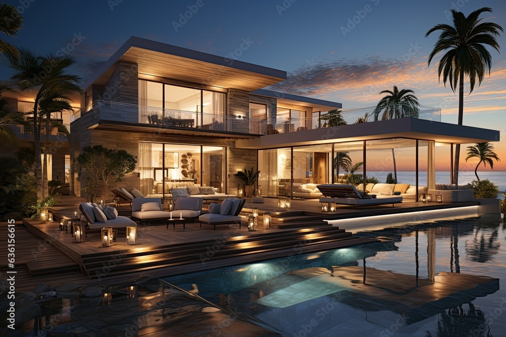 modern beachfront villa that maximizes ocean views, incorporating expansive glass walls, a private infinity pool, and a seamless transition between indoor and outdoor living areas.Generated with AI
