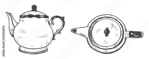 kettle vector sketch. teapot top view and side view vector freehand drawing. teapot vector coloring book