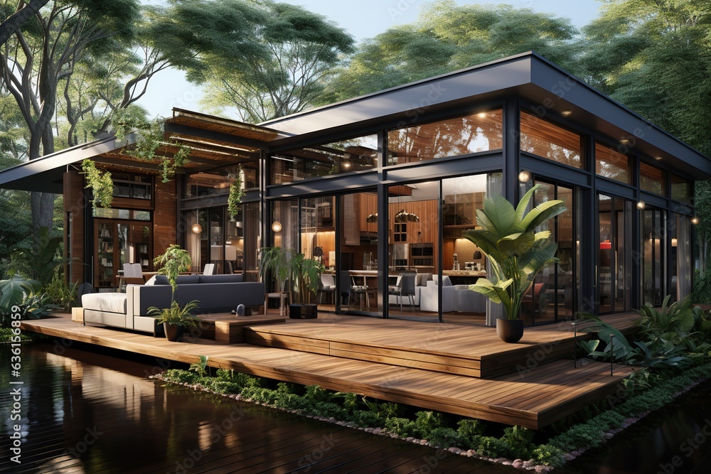 Obraz premium container house that seamlessly blends indoor and outdoor living. Highlight large sliding glass doors, a spacious deck, and a lush garden to emphasize the connection to nature.Generated with AI