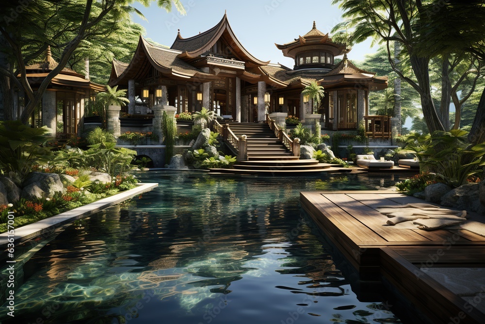 luxurious Thai wooden villa, featuring a private infinity pool that.Generated with AI