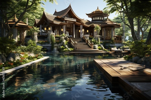 luxurious Thai wooden villa, featuring a private infinity pool that.Generated with AI © Chanwit