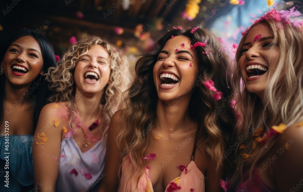Generation Z women laughing and having fun in a vibrant studio setting celebrating their friendship and good times Multicultural friends enjoy the weekend together Generation Z women laughing and having fun in a vibrant studio setting celebrating their friendship and good times Multicultural friends enjoy the weekend together