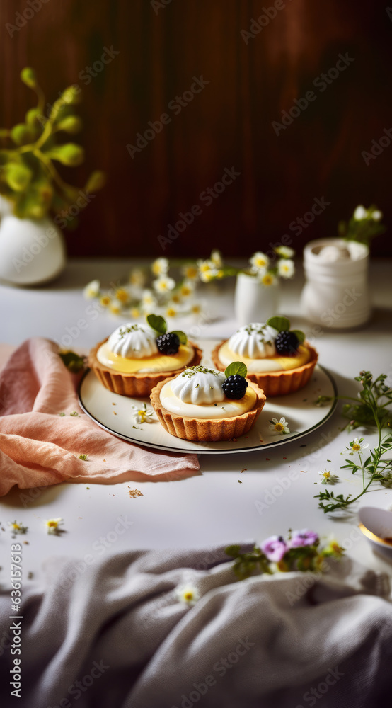 Lemon custard tarts decorated with blackberries florals and microgreens, pastry photography Lemon custard tarts decorated with blackberries florals and microgreens, pastry photography