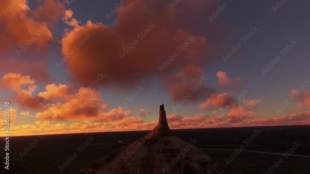 Aerial view at sunset of Chimney Rock. National Historic Site in Nebraska. United States Aerial view at sunset of Chimney Rock. National Historic Site in Nebraska. United States
