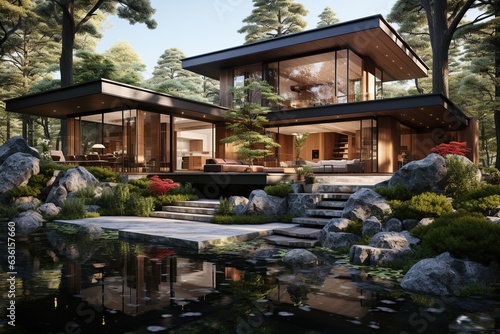 sustainable modern Chinese home, incorporating Feng Shui principles, utilizing natural materials, and emphasizing energy efficiency, while maintaining a contemporary look and feel.Generated with AI © Chanwit