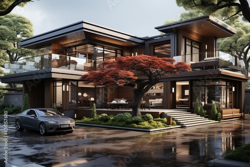 sustainable modern Chinese home, incorporating Feng Shui principles, utilizing natural materials, and emphasizing energy efficiency, while maintaining a contemporary look and feel.Generated with AI