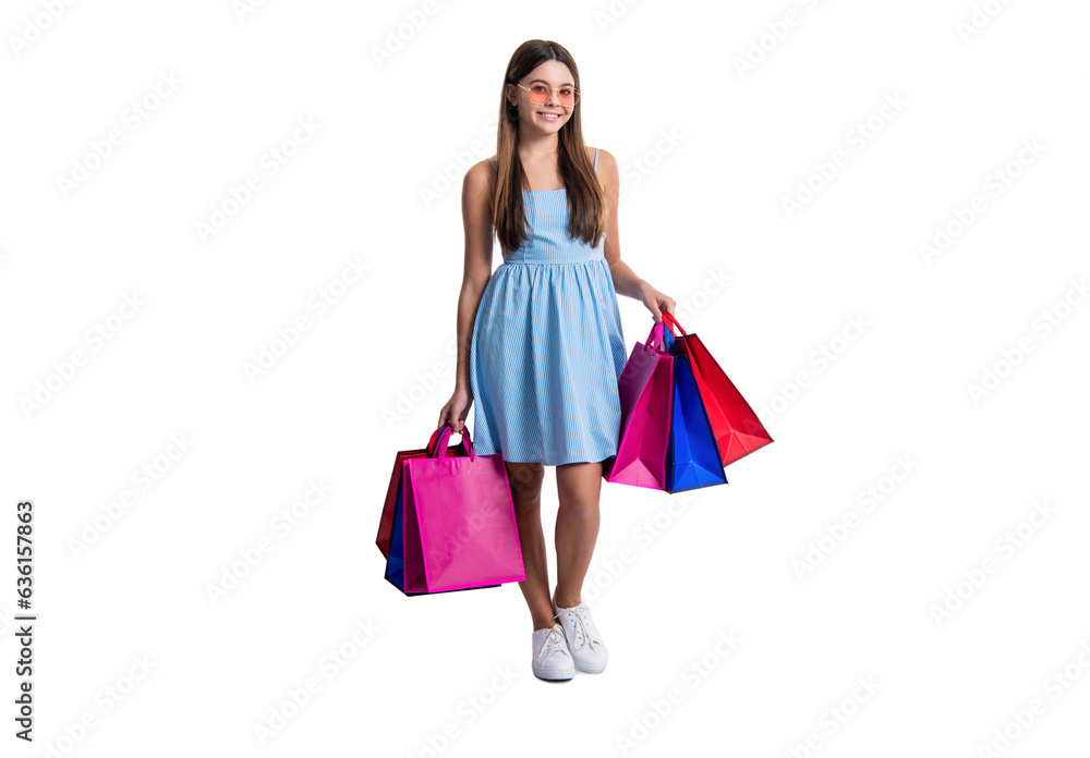 photo of teen girl at summer sale with bags isolated on white photo of teen girl at summer sale with bags isolated on white