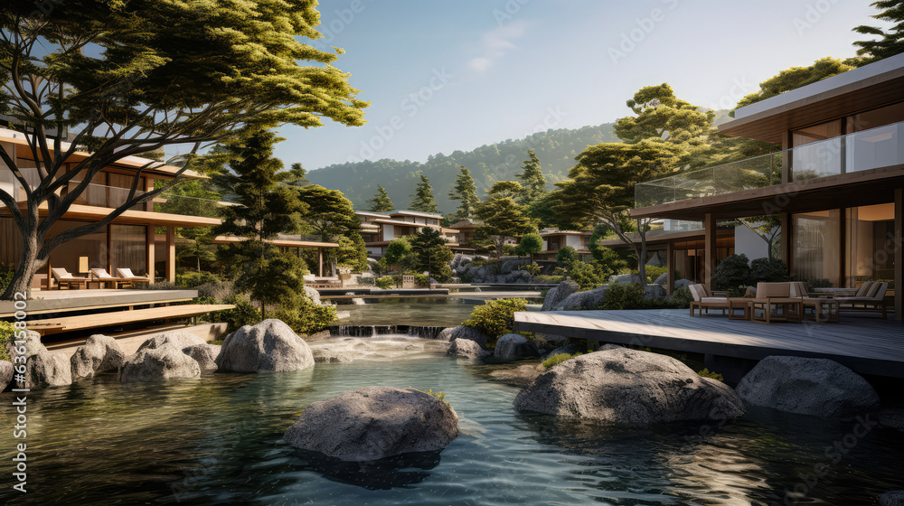 3D render, Exterior design concept, Japanese Resort by the Natural background, Retreat and Relax Space. travel and vacation background