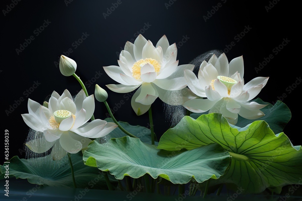Fototapeta premium White lotus flower isolated on black background with water drops and green leaves artwork