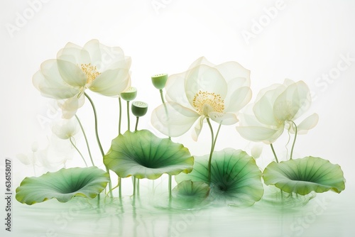 Lotus flower and Lotus flower plants on white background with reflection watercolor style artwork