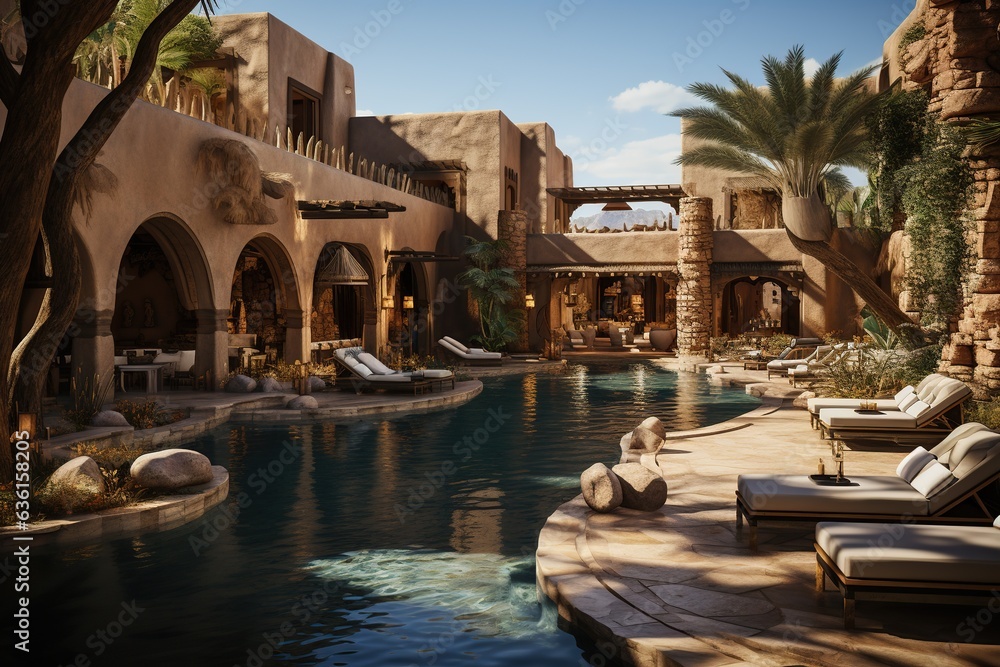 desert oasis resort and spa, offering a peaceful retreat amid sand dunes. Showcase Arabian-style architecture, luxurious lounges, and spa treatments inspired by ancient traditions.Generated with AI