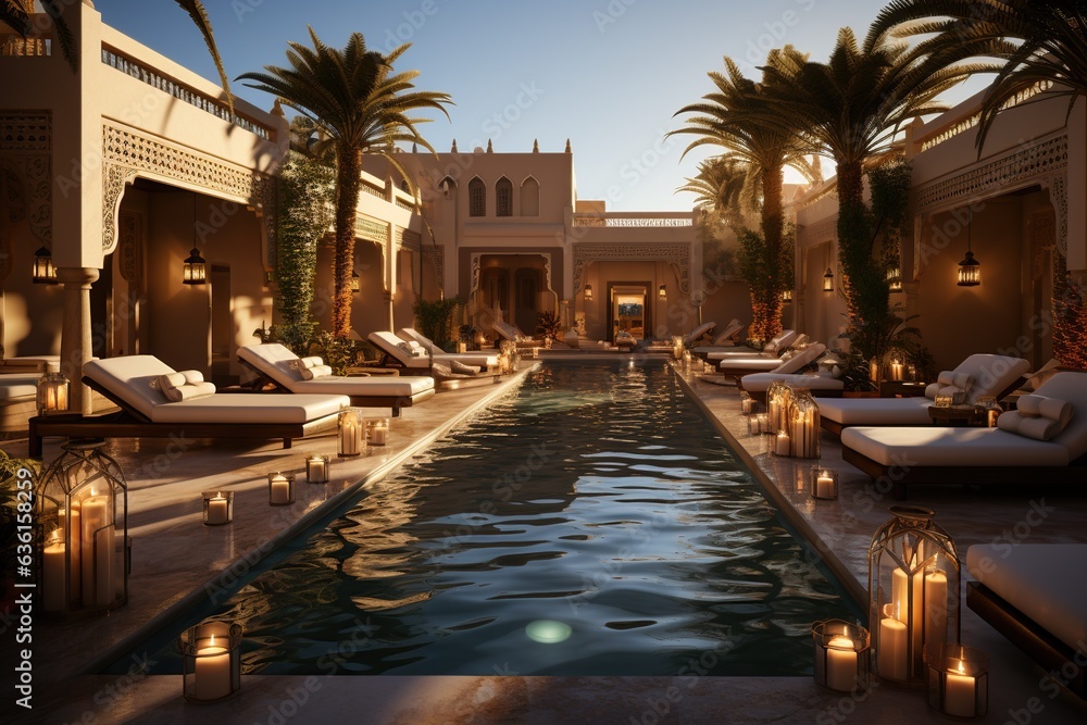 desert oasis resort and spa, offering a peaceful retreat amid sand dunes. Showcase Arabian-style architecture, luxurious lounges, and spa treatments inspired by ancient traditions.Generated with AI - obrazy, fototapety, plakaty 