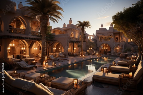 desert oasis resort and spa  offering a peaceful retreat amid sand dunes. Showcase Arabian-style architecture  luxurious lounges  and spa treatments inspired by ancient traditions.Generated with AI