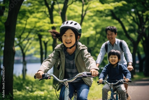 Father and mother and children wearing helmet riding bike together. Generative AI