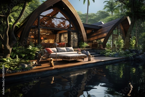 Thai eco-friendly wooden house, designed to blend seamlessly with the natural environment. Generated with AI
