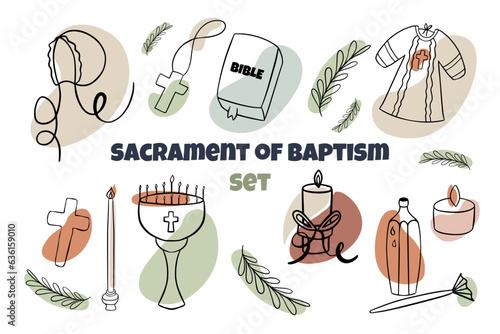 Doodle set on the theme of the sacrament of baptism. Baptism of an infant. Christianity. catalicism