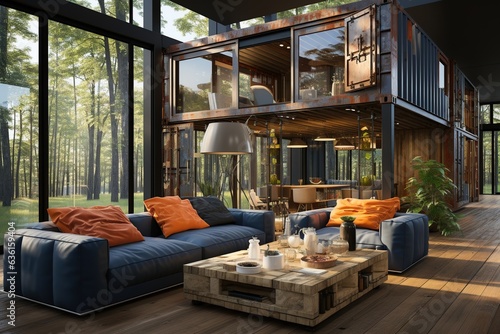container house with a strong focus on sustainable materials. Use reclaimed wood, recycled materials, and showcase the beauty of repurposed elements in the design. Generated with AI