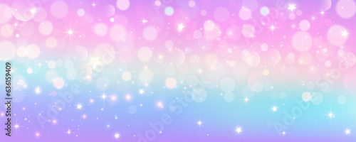 Purple unicorn background. Pastel watercolor sky with glitter stars and bokeh. Fantasy rainbow galaxy with holographic texture. Magic marble space. Vector