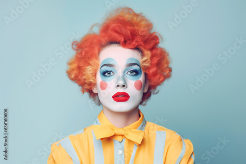 Valokuvatapetti Woman dressed up with clown costume on pastel background