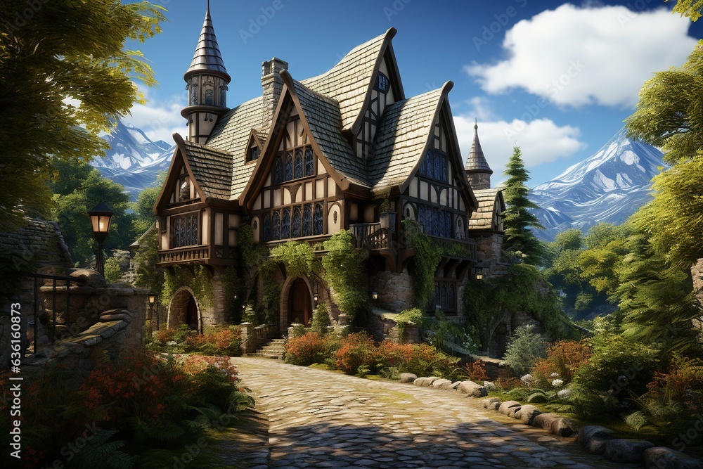 bold American Tudor-style house with steeply pitched roofs, half-timbering, and medieval-inspired elements. Highlight its unique character and the cozy, storybook atmosphere.Generated with AI bold American Tudor-style house with steeply pitched roofs, half-timbering, and medieval-inspired elements. Highlight its unique character and the cozy, storybook atmosphere.Generated with AI