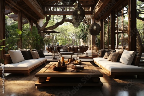Thai-style wooden lodge designed for relaxation and meditation, Generated with AI