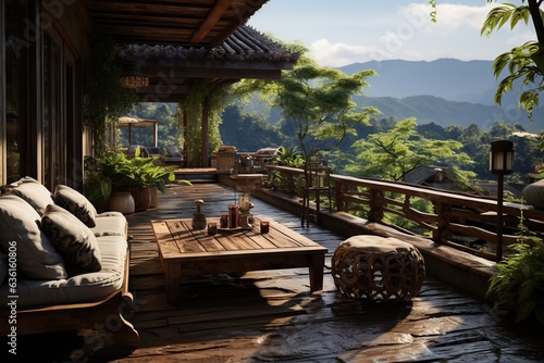 Thai-style wooden lodge designed for relaxation and meditation, Generated with AI