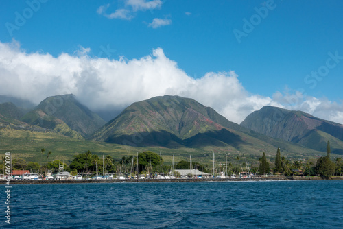 View of the verdant Maui Mountains and harbor at Lahaina, Maui Hawall