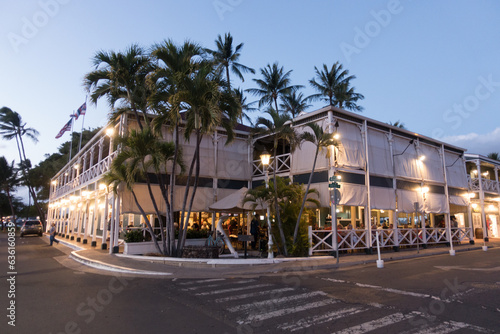 A corner view of the historic Pioneer Inn near the Banyan Tree off Front Street in Lahaina Maui, Hawaii