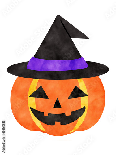 帽子をかぶったハロウィンのかぼちゃ_手描き水彩イラスト